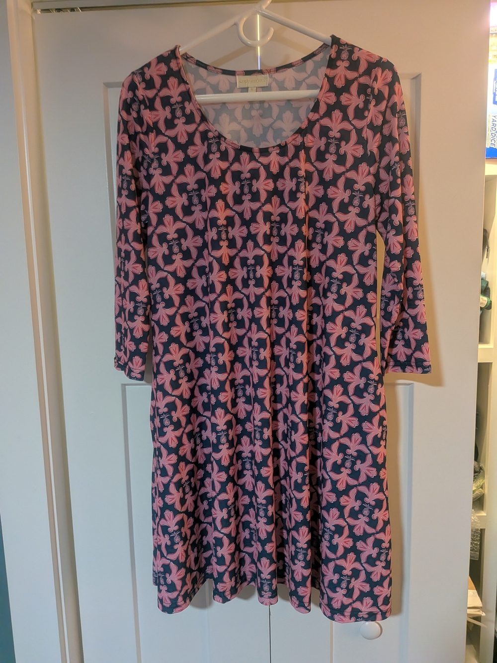 Simply Southern Size Small Dress Navy Pink Fleur de Lis Pineapple Side Pockets